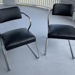 Vintage Pair Art Deco Era, Gilbert Rohde Z Arm Chairs, New Black Faux Leather Upholstery, Original Polished Chrome, Ex. Vint. Cond., Sharp!