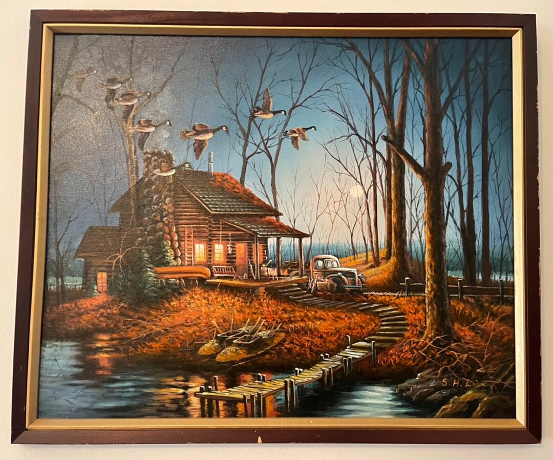 Original Log Cabin Oil Painting Woods Lake Geese Etsy