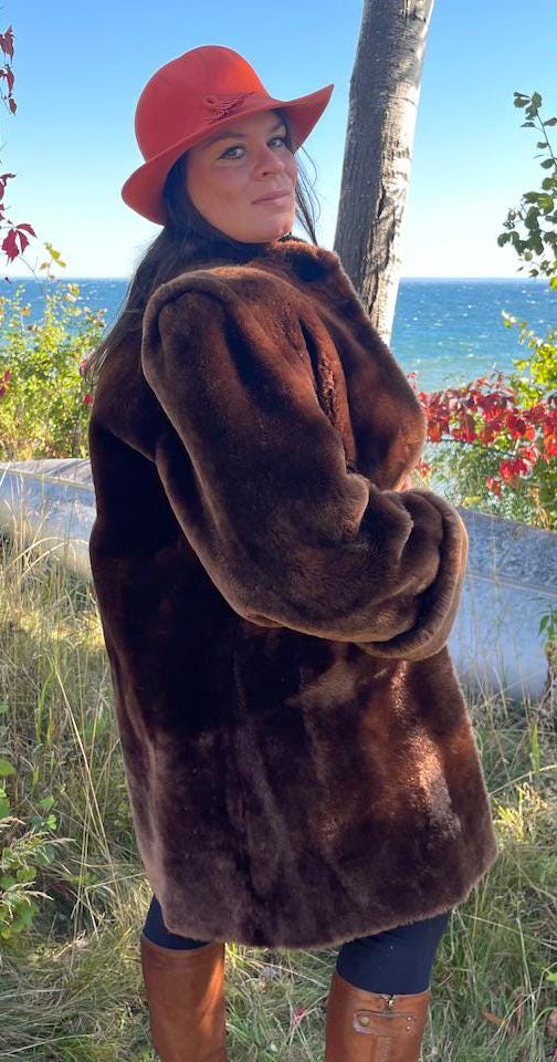 Vintage 1940s Mouton (lamb) Fur Coat, Satin Lined, Hidden