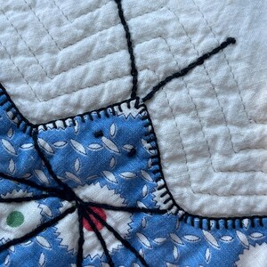 Peut inclure: Un fond en tissu matelass&eacute; blanc pr&eacute;sente une application en tissu bleu avec un motif de feuilles blanches. La forme bleue est soulign&eacute;e par un point de feston noir &eacute;pais et comprend des lignes brod&eacute;es noires et des accents circulaires rouges et verts.