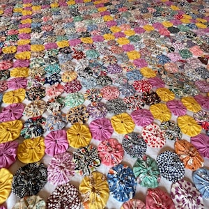 Antique Handmade YoYo Rosette Quilt, Queen, Multi-Color, Excellent Condition, 105” by 90”, Collectible Quilts, Beautiful Fabrics, Well Made