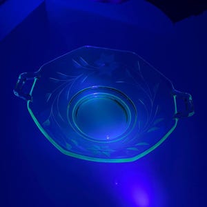 Antique Uranium Glass Bowl, 1930s, Etched Serving Bowl With Handles, Collectible Uranium Glass, Glowing Green Glass, Excellent Condition