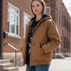Vintage Carhartt Hooded Jacket, Women’s Large 14/16, RN 13706, Carhartt Brown, Black Poly Quilted Lining, Zip Up