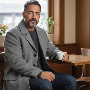 May include: A grey wool-blend overcoat with a notched lapel and three black buttons, worn over a dark charcoal crew-neck sweater and dark blue denim jeans. The coat features structured shoulders, long sleeves, and two front flap pockets.