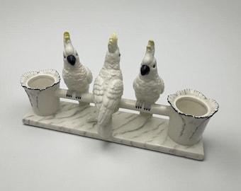 Vintage White Cockatoos Figurine, Jeanne Reed LTD, Three Cockatoos Two Pots, Hand Painted