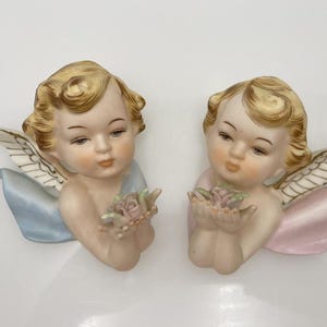 Vintage Pair Norcrest Bisque Cherubs Angels, 1950s Wall Decor, Hand-painted, Holding Flower Bouquets, Girl Pink & Boy Blue, Made in Japan