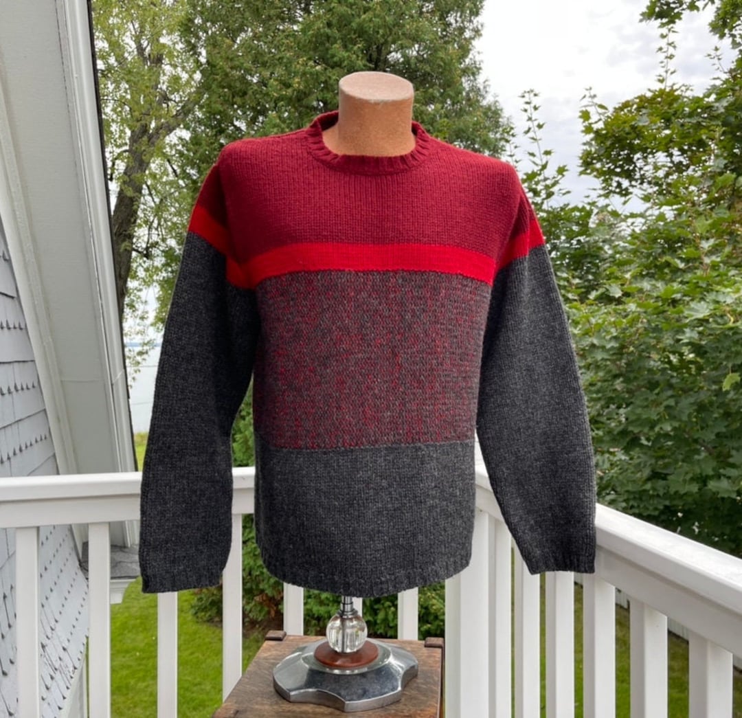 Vintage Lands End Wool Sweater, Size Medium, Unisex, Burgundy and Gray