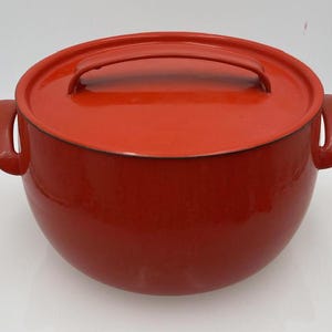 Vintage Red Metal Enamel Covered Casserole, Mid Century Modern Design, White Interior, Made in France, Oven to Table, Beautiful Vintage Cond
