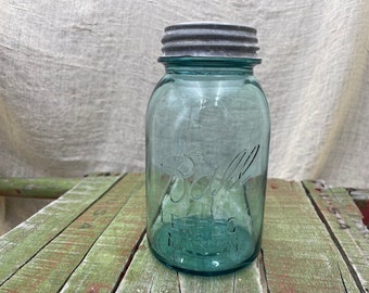 Antique Ball Perfect Mason Canning Jar, cuarto de galón, tapa de zinc, hermoso azul, frascos coleccionables, gran decoración campestre de granja, excelente cond.
