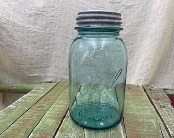 Antieke Ball Perfect Mason Canning Jar, Quart, Zink Deksel, Mooie Blauwe, Collectible Potten, Geweldig Boerderij Land Decor, Uitstekende Cond.