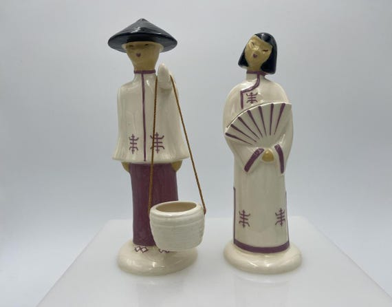 Vintage Pair Hedi Schoop Chinese Man & Woman, 1940s Asian Ceramic