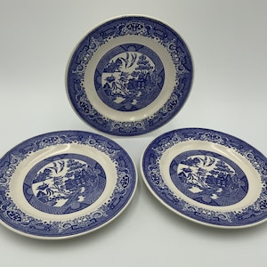 Vintage Lot Blue Willow Dinner Plates, Three, 1950s, Collectible Dinnerware, Cavalier Ironstone USA, Antique Dishes, Excellent Vintage Cond.