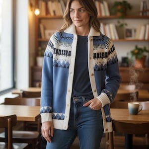 May include: A blue and white button-down knit cardigan featuring a geometric pattern across the chest and sleeves, a solid white collar, white ribbed cuffs, and a white button placket worn over a plain dark blue shirt and blue denim jeans.