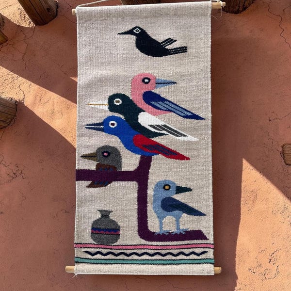 Vintage Handwoven Wool Tapestry, Colorful Birds on a Tree with Pot, Handmade Wall Hanging, Made in Ecuador