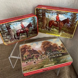 1960s Riley’s Toffee Tins, Canadian Mountie, Fox Hunt, Very Good Condition, Made in England, Bright Shiny Colors, Vintage Candy Containers