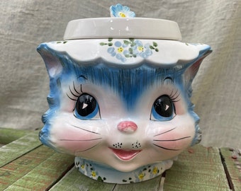 Rare Lefton Miss Priss 1950s Cookie Jar, #1502, Anthropomorphic, Blue Cat With Floral Hat, Vintage Cookie Jars, Made in Japan, Ex. Cond.