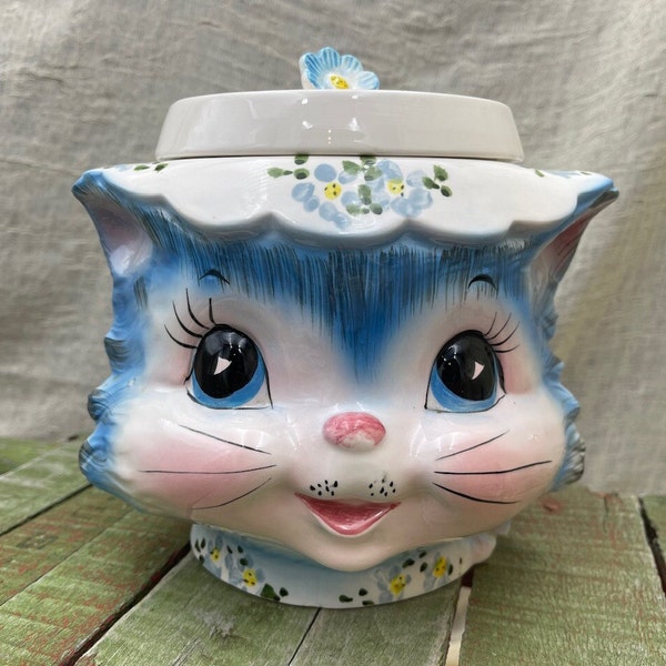 Rare Lefton Miss Priss 1950s Cookie Jar, #1502, Anthropomorphic, Blue Cat With Floral Hat, Vintage Cookie Jars, Made in Japan, Ex. Cond.