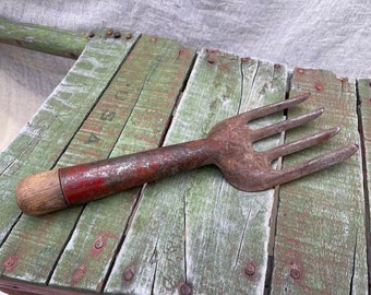 Antique Garden Hand Tool, Wood And Metal, Gardening Fork, Rusty Red Metal, Garden Art, Collectible Farm & Garden Tools, Cottagecore Decor