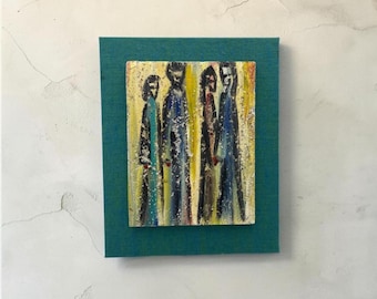 Mid Century Figurative Painting, Original Art, 4 People, Golds Blues, On Acoustic Board & Mounted to a Burlap Covered Board, Abstract Art