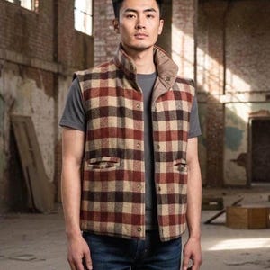 May include: A sleeveless vest featuring a plaid pattern in shades of red, brown, and beige. The vest has a high collar, a front button closure, and two side pockets. It is worn over a plain gray t-shirt and dark blue denim jeans.
