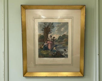 Antique Fishing Lithograph Hand Tinted, Woman With Children, Titled “April”William Hamilton, Beautifully Matted, Framed