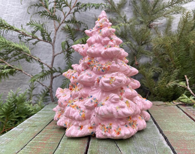 Vintage Pink Ceramic Christmas Tree, Sprinkles, Hand Painted, Ceramic