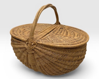 Vintage Handwoven Picnic / Market Basket, Double Lid, Oval Shape, Gathering Basket