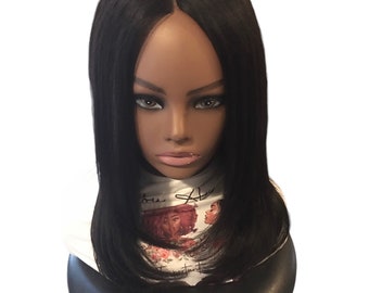 Peluca de cabello humano liso con raya al medio