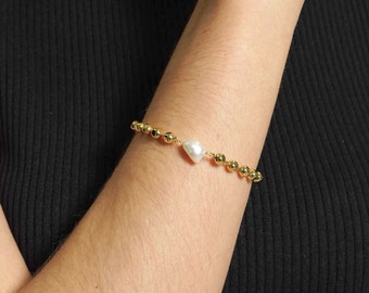 18K Gold Plated Beaded Bracelet with Pearl Accent - Dainty Bracelet, Wedding Bracelet, Toggle Clasp, Bridesmaid Gift