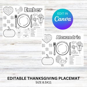Op de afbeelding: Een zwart-witte printbare Thanksgiving-placemat met een woordpuzzel, een doolhof en een ontwerp-je-eigen-taart-sectie. De placemat is aanpasbaar met een naam, zoals "Ember" of "Alexandria". De placemat is 21,6 cm bij 27,9 cm.