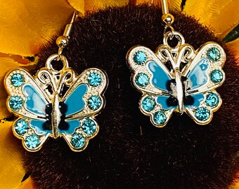 Enamel and Rhinestone Butterfly Earrings