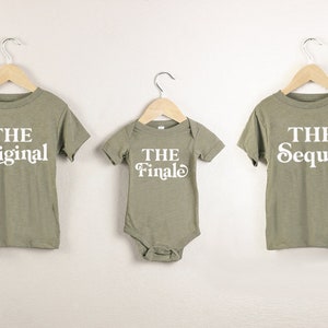 Vintage Style Kids Matching Shirts and Onesies, Original Sequel Finale, Triblend Bella Canvas, Olive Green, Pregnancy Announcement, trilogy