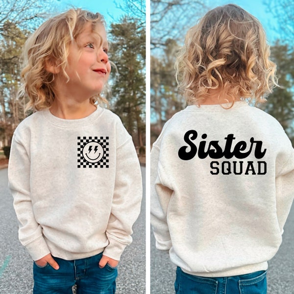 Big Sister Sweatshirt, Sister Squad Crewneck, Sibling, Checkered Smiley Face, Kids Sweater, gift for granddaughter, Girls Trip Sweatshirts