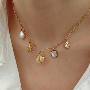 Summer Charms Necklace, Ocean Shell Pearl Necklace, Waterproof Gold Necklace, Girl Necklace, Gift for her, Handmade Beach Jewelry
