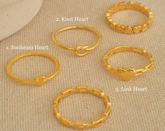 Anillo de apilamiento de nudo de corazón de oro de 18k, anillo resistente al deslustre relleno de oro, anillo de sello de rayo de sol de corazón delgado, banda de cable de enlace, anillo de acero inoxidable