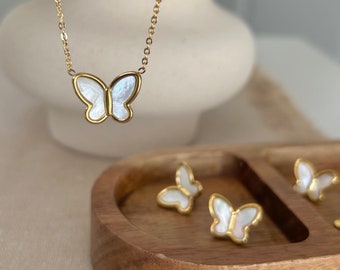 Pendiente y collar de mariposa de oro de 18k, conjunto de joyas de nácar, collar y pendiente impermeables, joyas llenas de oro, regalo para ella