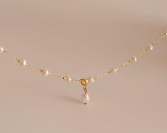 Gold Real Pearl Beaded Necklace, 6A Freshwater Pearl Minimal Necklace, Handmade Jewelry for Women, 18K Gold Pearl Beads Necklace