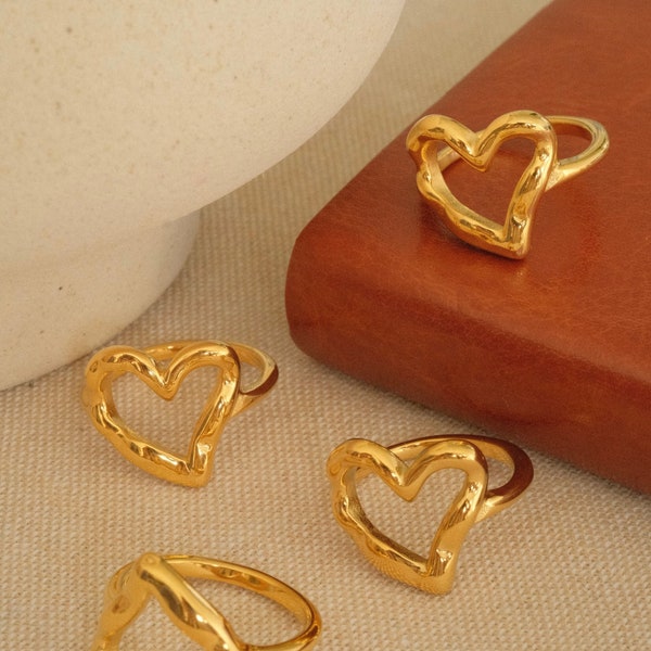 Anello a cuore in oro 18 carati, Anelli grossi in oro, Anelli con contorno a cuore aperto resistenti all'appannamento impermeabili, Anelli in acciaio inossidabile dorato, Anello di dichiarazione