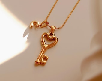 Custom Initial Key Necklace, Gold Initial Jewelry, Personalized Anniversary Gift, Waterproof Necklace, Dainty Skeleton Key Pendant Necklace