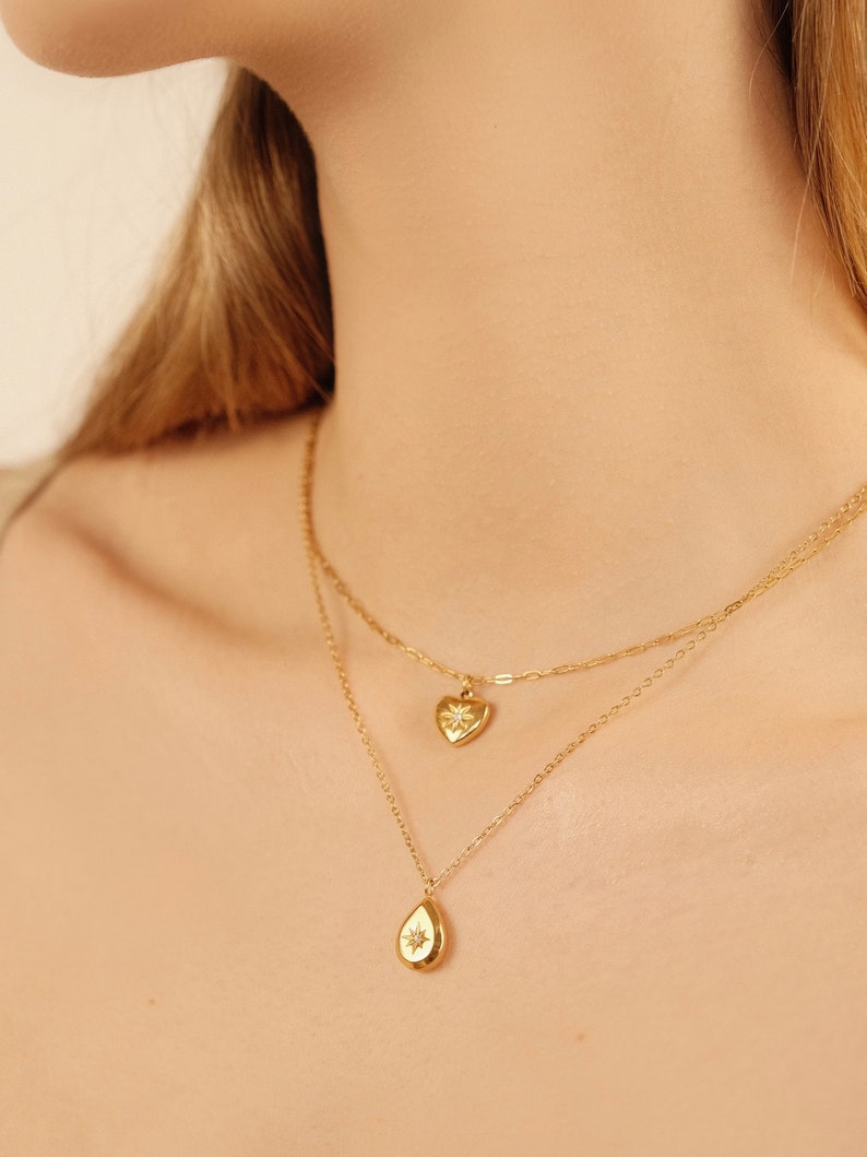 Square Teardrop Heart Necklace, 18k gold cz Star necklace, Waterproof tarnish-resistant gold pendant necklace, Stainless steel oval Necklace image 5