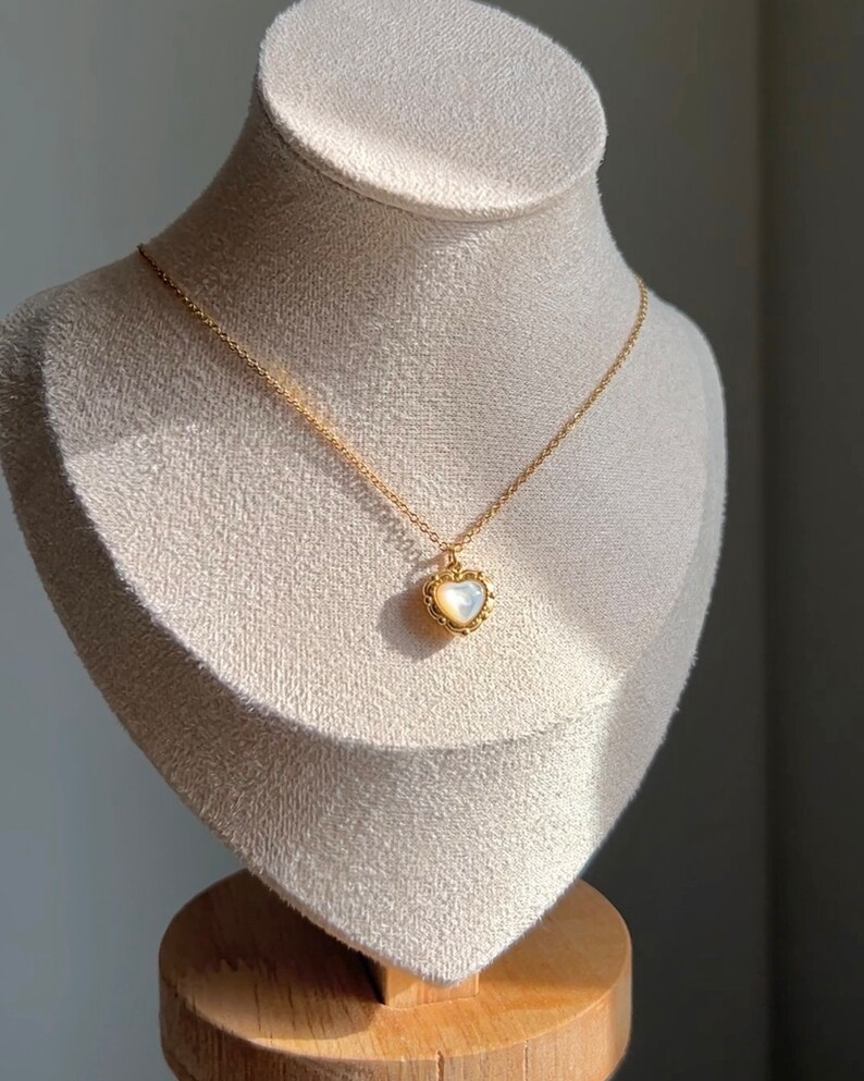 Gold Heart Necklace, Waterproof tarnish Resistant necklace, Mother of Pearl Necklace, Love Necklace, 18k Gold Pendant Necklace, Gift For Her image 8