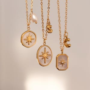 Colares com pingente de estrela de madrepérola de ouro 18K, colar inicial, colar de pérolas, colar à prova d'água sem manchas, joias de ouro para ela