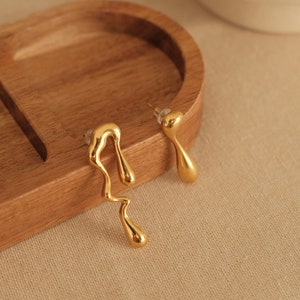18k gold Chunky Asymmetrical Earrings, stainless steel Gold liquid metal lava earrings, Antitarnish Water Proof Irregular Dangle Earrings