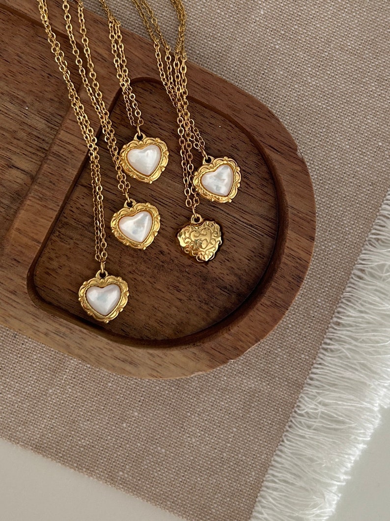 Gold Heart Necklace, Waterproof tarnish Resistant necklace, Mother of Pearl Necklace, Love Necklace, 18k Gold Pendant Necklace, Gift For Her image 3