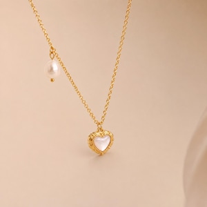 Gold Heart Necklace, Waterproof tarnish Resistant necklace, Mother of Pearl Necklace, Love Necklace, 18k Gold Pendant Necklace, Gift For Her