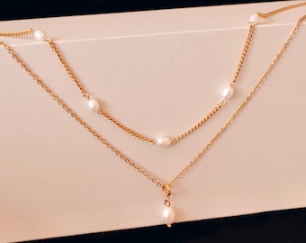 Dainty Gold Layered Pearl Necklace Set, Natural Freshwater Pearl Double Layer Necklace, Waterproof Wedding Layered Necklace, Gift for Her