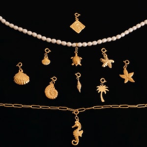 K&ouml;nnte beinhalten: Eine goldene Kettenkette mit einer Vielzahl von goldenen Anh&auml;ngern, darunter ein Seepferdchen, eine Palme, eine Muschel, ein Seestern, eine Schildkr&ouml;te und eine spiralf&ouml;rmige Muschel. Die Anh&auml;nger h&auml;ngen an einer goldenen Kettenkette.
