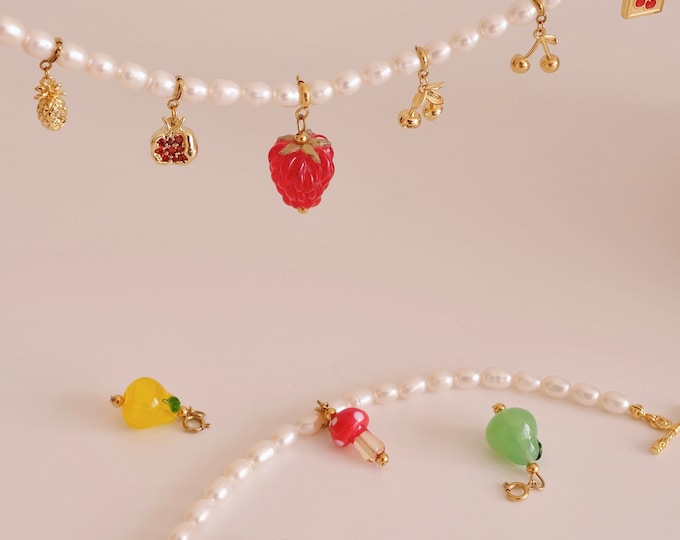 FRUIT COLLECTION detachable charm, raspberry bok choy cherry handmade lampwork beads necklace, Gold cherry necklace,Bracelet earring pendant