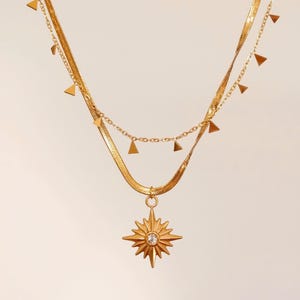 18K Gold North Star Necklace, Star Signet CZ Necklace, Gold Polaris Star Pendants, Necklace with Small Triangles, Layered 2 pieces necklace
