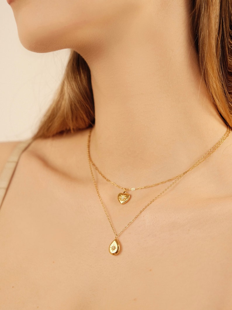 Square Teardrop Heart Necklace, 18k gold cz Star necklace, Waterproof tarnish-resistant gold pendant necklace, Stainless steel oval Necklace image 2